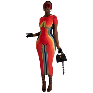 Body contour thermal print slim fit maxi dress with vibrant red and orange color blocks