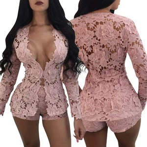 Front and back views of pink lace two-piece set featuring rose patterns and scalloped edges