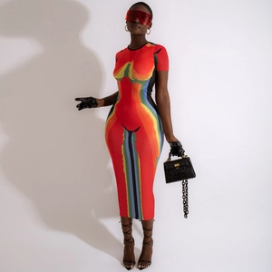 Close-up of thermal mapping print on short sleeve bodycon midi dress with crew neck