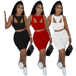 Dames Ribgebreide Crop Top En High Waist Wielrenbroek Sexy Uitsnede Slim Fit Sportieve Yoga Outfit Casual Zomer Streetwear
