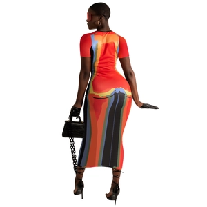 Detail view of the back showing abstract colorful heat map print on a maxi bodycon dress