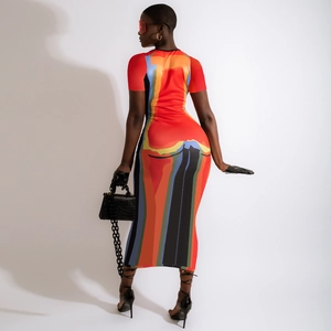 Detailed back view of short-sleeved midi dress featuring abstract thermal map print fabric