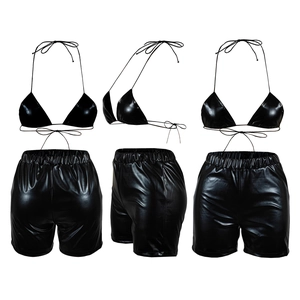 Three-way view showing the glossy black PU leather bikini set with high-waist shorts