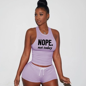 Detail of lavender cotton sports set with NOPE. not today print and white drawstring
