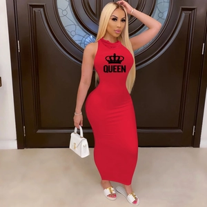Detail of red sleeveless bodycon dress with black crown and Queen graphic print