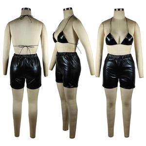 Three-view layout of black shiny PU bikini set featuring lace-up top and high waist shorts
