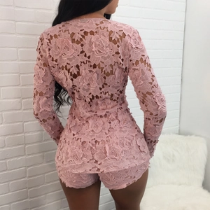 Detailed back view of pink lace two-piece set with floral embroidery and slim fit design