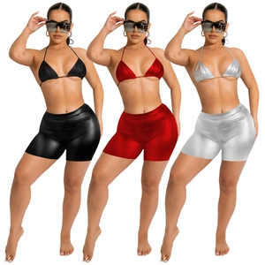 Three-piece showcase of women's metallic PU leather bikini sets in black, red, and silver