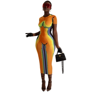 Detail of slim-fit midi dress with vibrant thermal body print and crew neck design