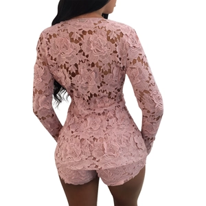 Rear view of pink lace long sleeve cardigan and shorts set featuring rose floral patterns