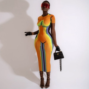 Close-up of a slim fit ankle-length dress featuring a vibrant thermal map graphic print
