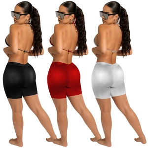 Three-color metallic PU bikini set with halter top and high-waisted biker shorts