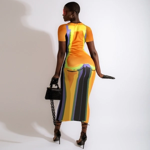 Close-up of thermal map print dress featuring body silhouette and trompe l'oeil art