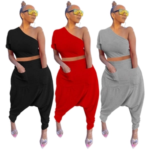 Women's cotton one-shoulder crop top and harem pants two-piece set with side pockets