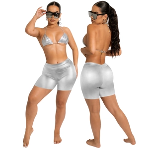 Metallic silver two-piece bikini set with halter top and high-waisted shorts for women