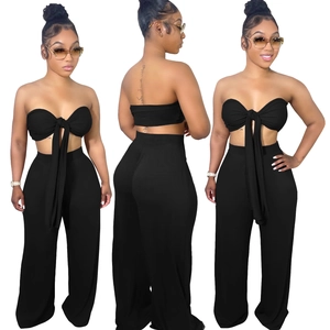 Ensemble Sexy Noir pour Femme avec Crop Top à Nouer et Pantalon Large à Taille Haute Top And Bottom Tenue de Soirée