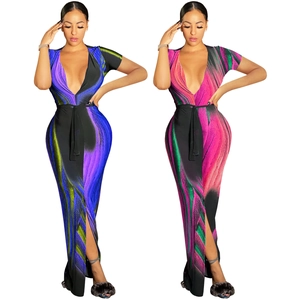 Damen Sexy Abstrakt Wirbel Druck V-Ausschnitt Kurzarm Maxikleid Elegant Hoher Schlitz Slim Fit Pendeln Langes Kleid Mit Gürtel