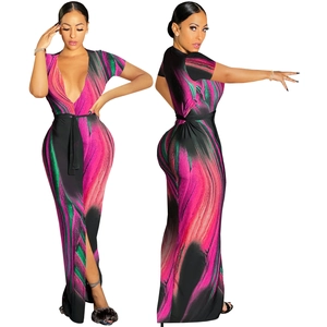 Damen V-Ausschnitt Kurzarm-Maxikleid mit abstraktem Druck in Rosa und Grün und Seitenschlitz