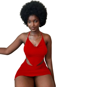 Close-up of vibrant red halter top and matching ruched mini skirt two-piece set