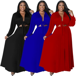 Completo da Donna Taglie Forti Sexy Scollo a V Allacciato Crop Top e Gonna Lunga a Vita Alta Tinta Unita Manica Lunga Festa Clubwear Elegante