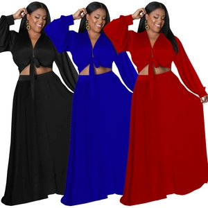 Completo due pezzi taglie forti con top a V e gonna lunga a vita alta in tre colori diversi