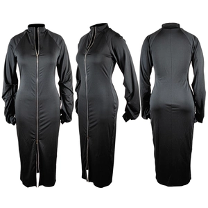 Detail view of double zipper closure and stacked ruched sleeves on black bodycon dress