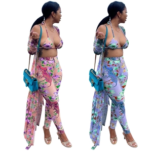 Women Sexy Tiger Floral Print Top And Bottom Plus Long Cardigan Three Item Clothing Outfit For Vacation Party Beach Outwear