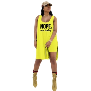 Detail of yellow two-piece lounge set featuring bold black Nope Not Today graphic print