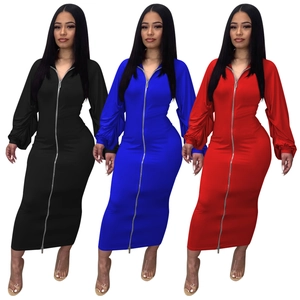 Women Sexy Solid Color Front Double Zipper Maxi Dress Ruched Long Sleeve Bodycon Slim Fit Club Evening Party Gown