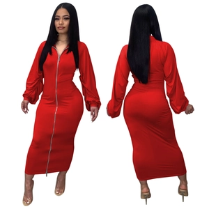 Women's red long-sleeved dress with double-ended zipper and puffy sleeves design