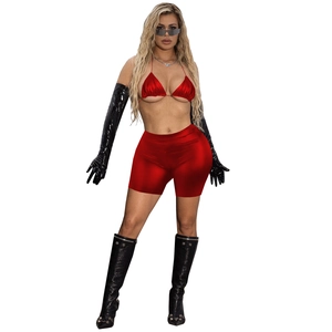 Three-piece set with red metallic bikini top, high-waist shorts and long black gloves