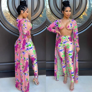 Three-piece tiger floral print set including long pants and open cardigan cover-up