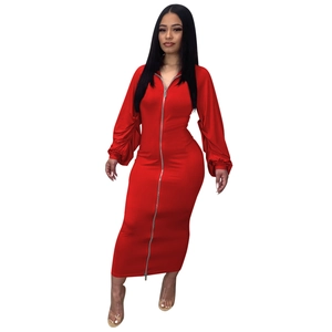 Elegant red bodycon maxi dress with double zipper front and pleated lantern long sleeves