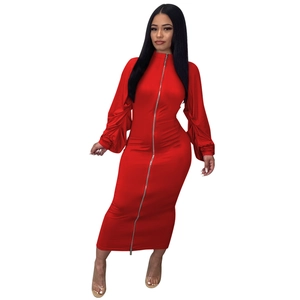 Detail of red knitted dress with two-way metal zipper and pleated lantern sleeves