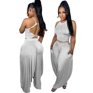 Ensemble 2 Pièces Décontracté pour Femmes Crop Top Plissé Dos Nu et Pantalon Harem Large en Mélange de Coton