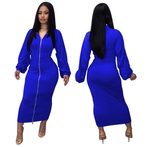 Slim fit royal blue maxi dress with full length two-way zipper and puffed sleeves