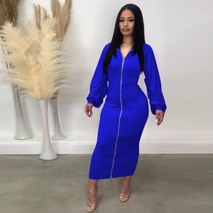 Detail of royal blue knitted dress featuring a full double zipper and pleated lantern sleeves