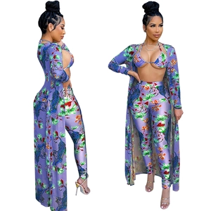 Women's 3-piece tiger floral print swimsuit set with beach cover-up and high waist pants