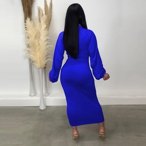 Detail of royal blue bodycon dress featuring double-ended zipper and ruching sleeves