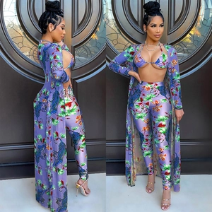 Three-piece tiger print swimsuit set with long pants and floral duster cardigan