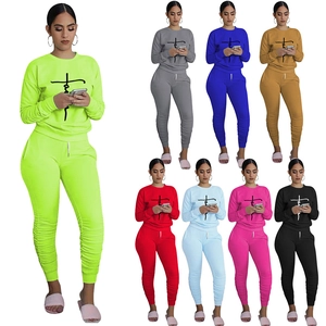 Women Casual Co-ord Faith Letter Print Round Neck Long Sleeve Top Ruched Jogger Pants Tracksuit For Everyday Workout