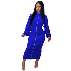 Detail of royal blue dress featuring double zipper closure and ruched lantern sleeves