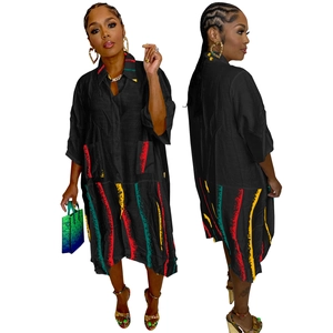 Women's black shirt maxi dress with colorful artistic stripes and loose casual fit
