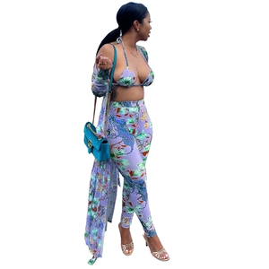 Detailed pattern of tiger and floral prints on light purple women's 3-piece swimsuit set