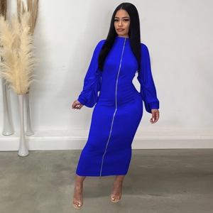 Detail view of royal blue dress with full-length silver zipper and ruched sleeve texture