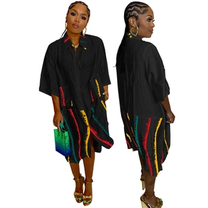 Front and back detail of a black oversized shirt dress with vibrant ethnic print stripes
