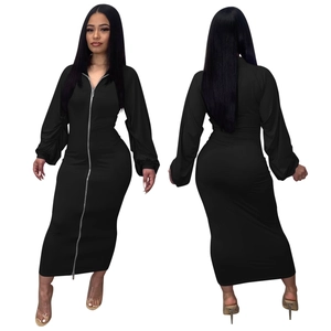 Slim fit black maxi dress featuring full metal zipper and elegant lantern sleeves