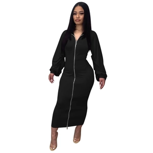 Close-up of black bodycon maxi dress featuring a two-way metal zipper and ruched sleeves