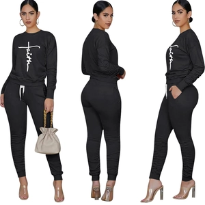 Three-view layout of black two-piece tracksuit set with faith graphic print for women