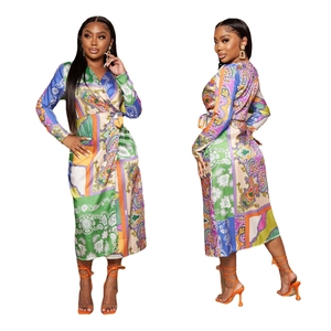 Damen Böhmisches Paisley Muster Satin Maxikleid Elegant V-Ausschnitt Wickelkleid Langarm Bindegürtel Party Kleid Für Frauen